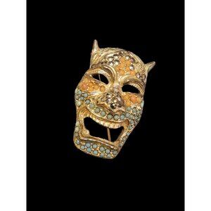 Fabulous Vintage Unsigned Blingy Mask Face Brooch (A4720)